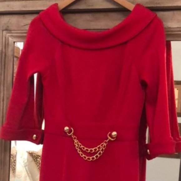 Milly Red Wool Dress Gold Chain Size P Gossip Girl - Picture 14 of 15